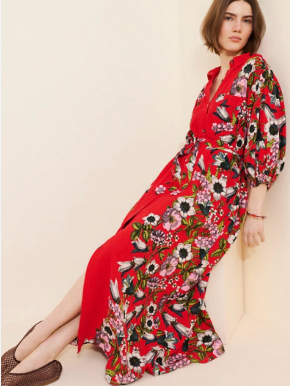 Maeve Red Floral Maxi Dress with Pink & Green Accents missing belt